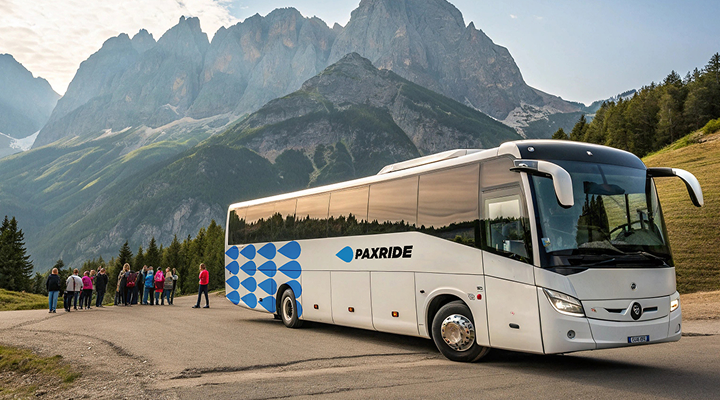 Business travelers boarding PaxRide bus, showcasing scalable airport transfers against a scenic backdrop.