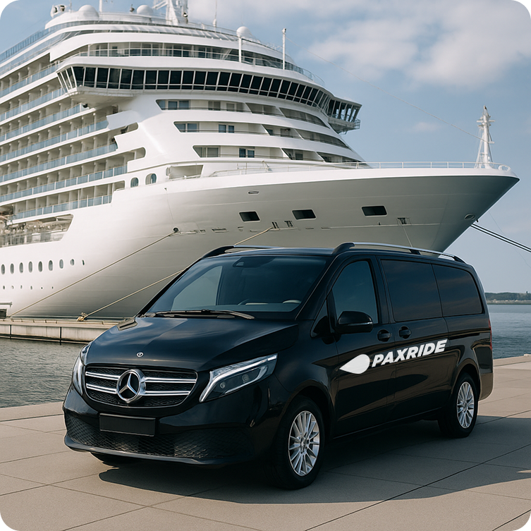 PaxRide van for scalable airport transfers, ideal for business travel and OTAs, parked by a cruise ship.